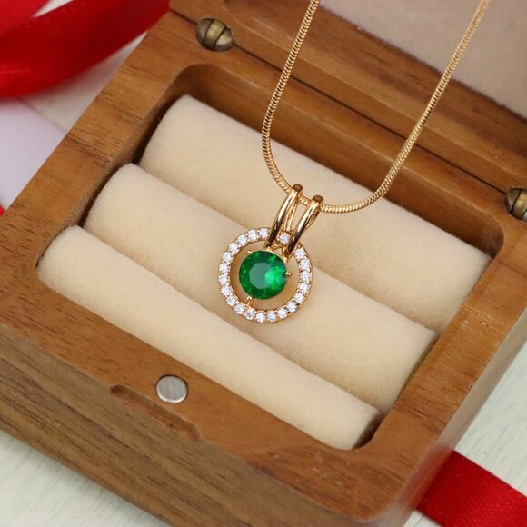 "Round Green Pendant with Halo Stones in Gold Finish for Elegant Look, XPPT1714 - Picture 8 of 13